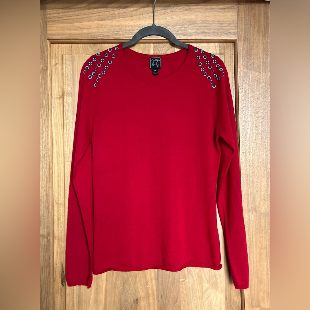 Rare CYNTHIA ROWLEY 100% Cashmere Sweater W/ Embroidered Shoulder Cutouts M Red